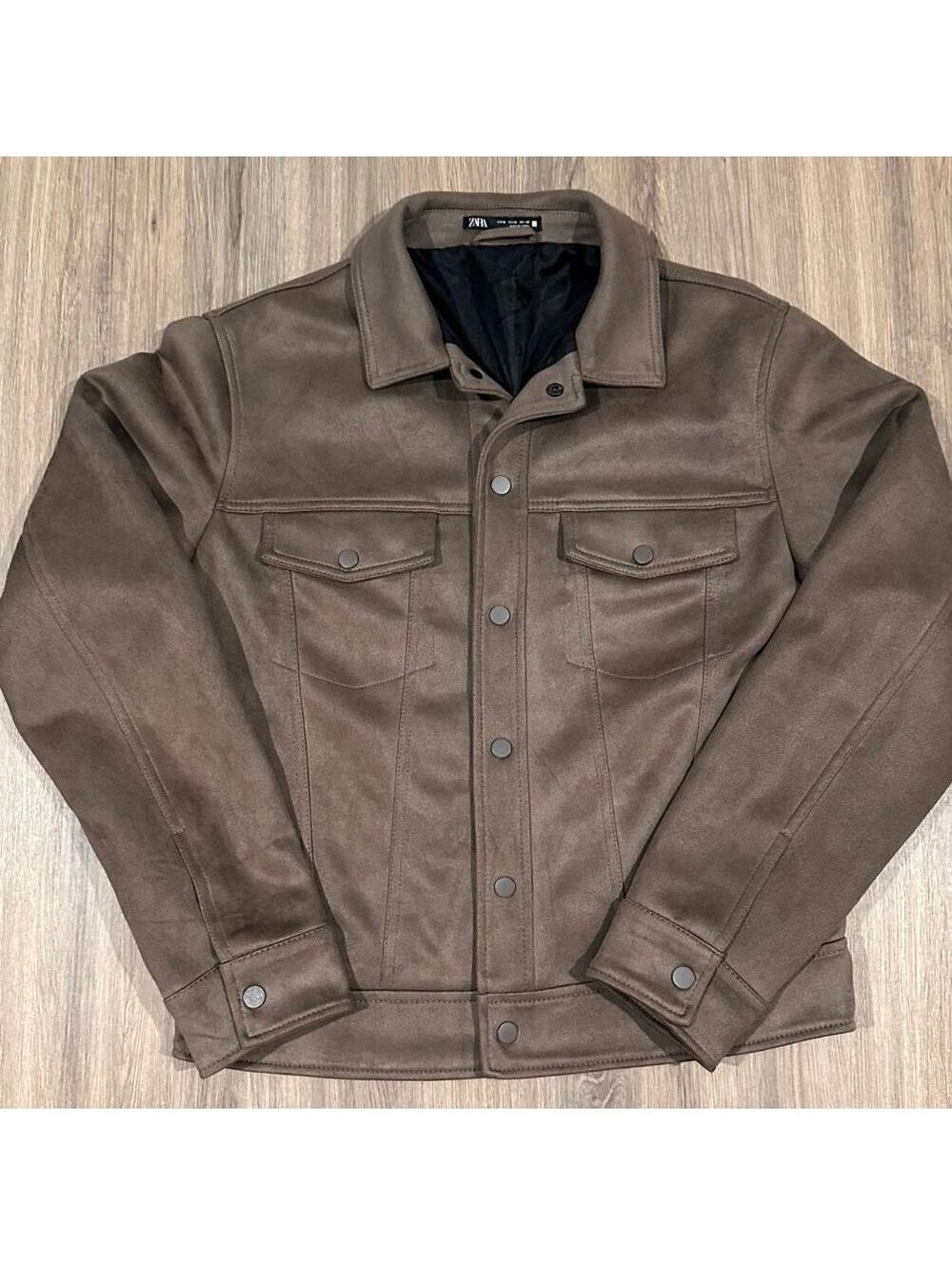 Zara Men's Faux Suede Trucker Jacket Brown Snap Front Medium
